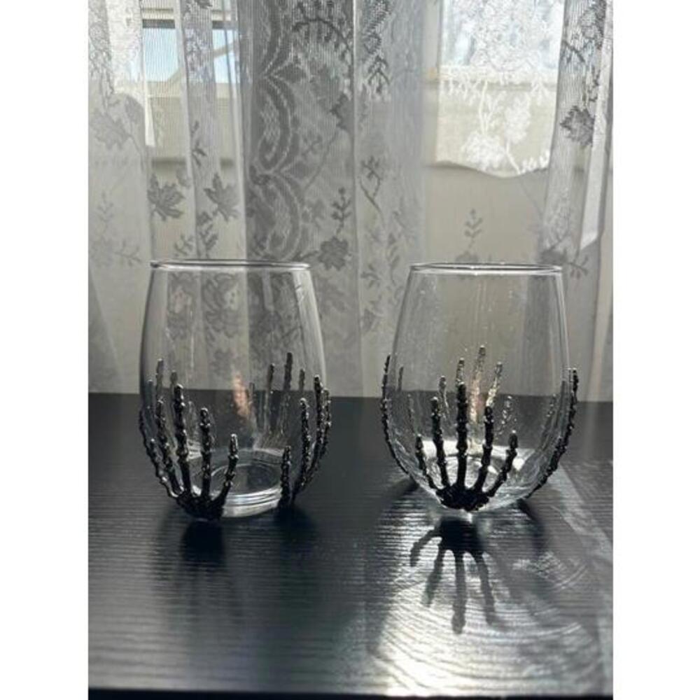 Spooky Skeleton Hand Stemless Wine Glasses (Set of 2) - Gothic Halloween Decor